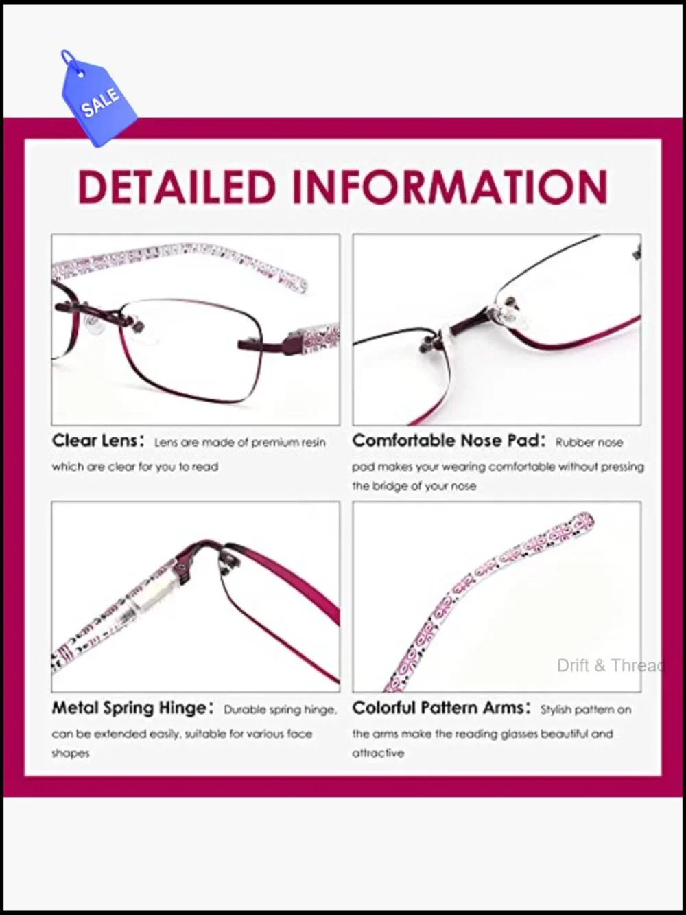 Rimless Blue Light Blocking Reading Glasses 3 Pack | Spring Hinge Pattern Print